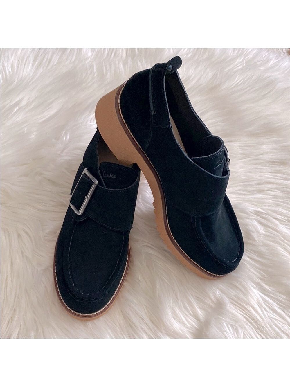 NWOT Clark’s platform Black Suede Loafers with Buckle